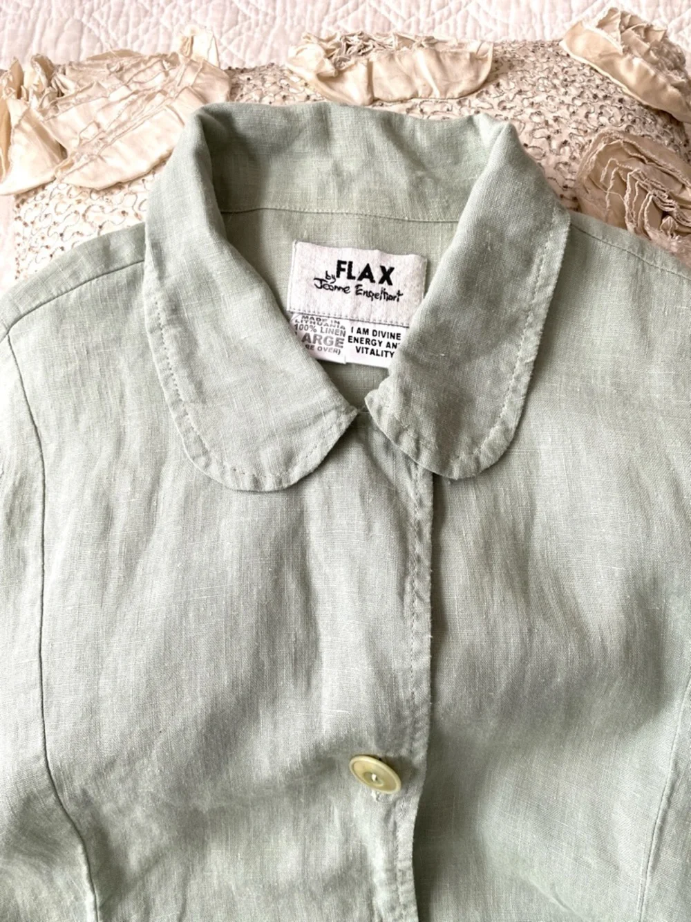 Flax 100% Sage Green Linen Button Front Tunic Shirt Top Long Sleeve Size L - Picture 3 of 16